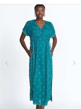 Johnny Was Teal Embroidered V-Neck Blouse with Colorful Patch
